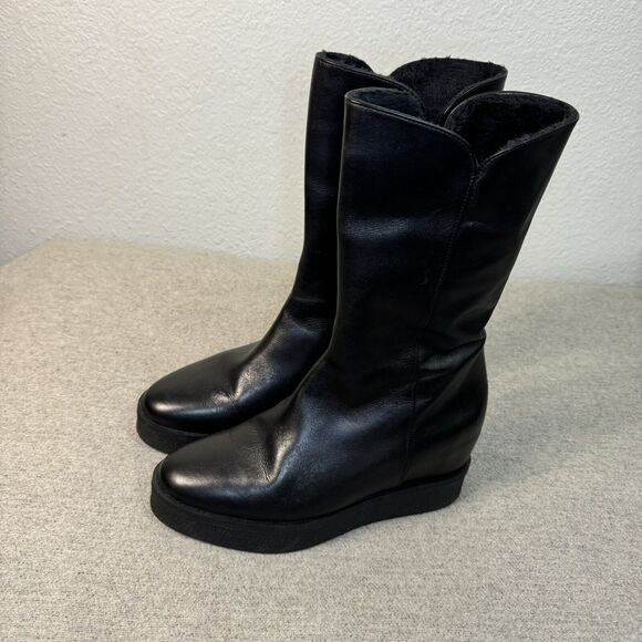 Ma Lo Boots Women 40 Black Italian Leather Fur Lined Wedge Heel Platform Luxury